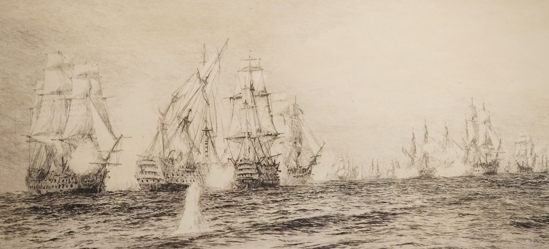 William Lionel Wyllie (1851-1931), The Battle of Trafalgar, each signed in pencil, set of three drypoint etchings, 21 x 40cm